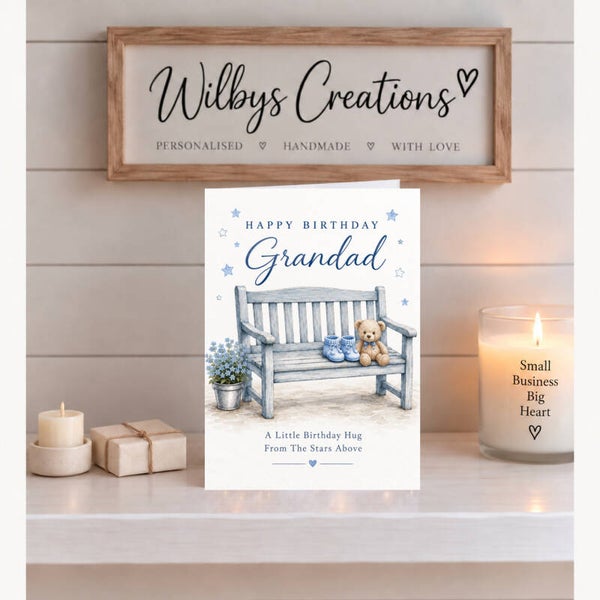 Birthday Card for Grandad from a Grandchild in Heaven – Bench and Baby Boots