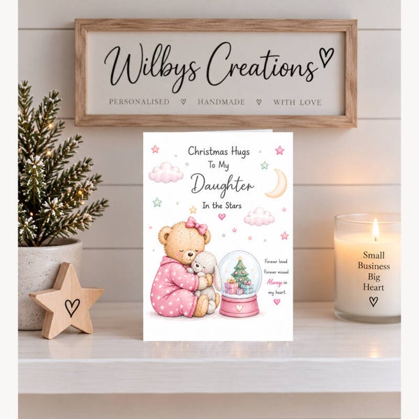Christmas Card for Daughter in Heaven – Teddy, Bunny & Snow Globe