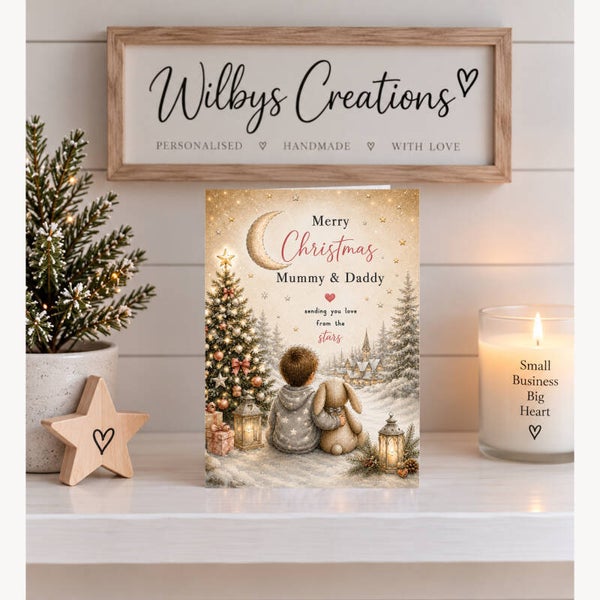 Merry Christmas Mummy & Daddy – Boy & Bunny in a Moonlit Snowy Forest Card