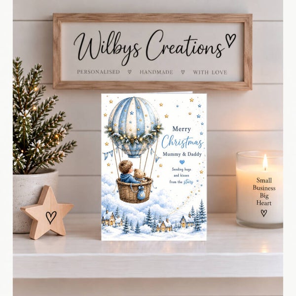 Merry Christmas Mummy & Daddy – Boy & Teddy in a Christmas Hot Air Balloon Card