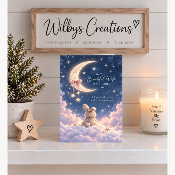 Christmas Card for Wife in Heaven – Bunny on Clouds beneath the Moon