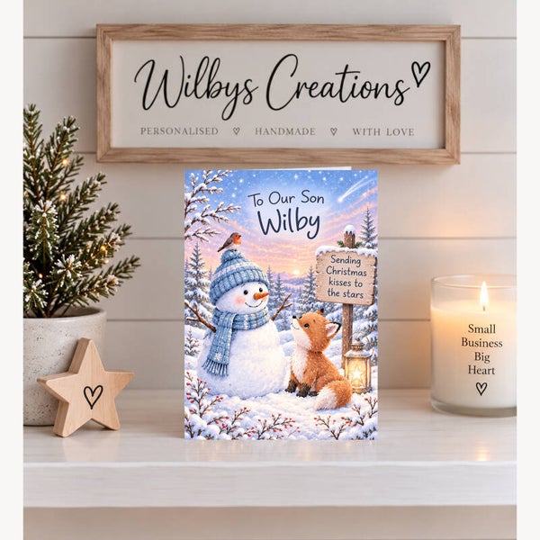 Personalised Son Christmas Card – Snowman & Fox