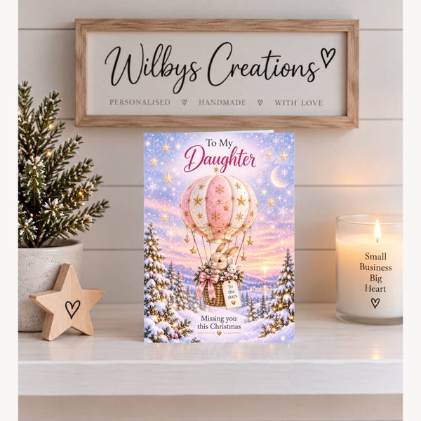 Christmas Card for Daughter in Heaven – Bunny in a Pink Hot-Air Balloon