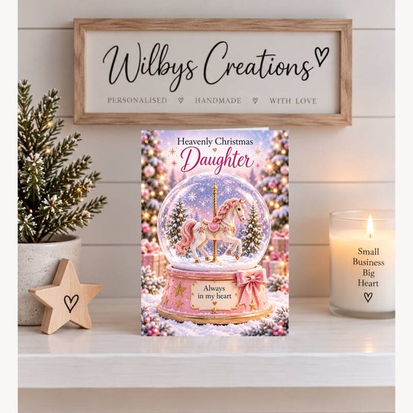 Christmas Card for Daughter in Heaven – Carousel Horse Snow Globe