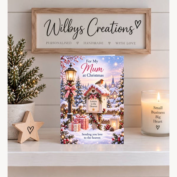 Christmas Card for Mum in Heaven – Robin, Lantern and Letter to Heaven