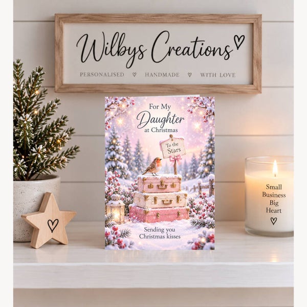 Christmas Card for Daughter in Heaven – Pink Suitcases and Robin