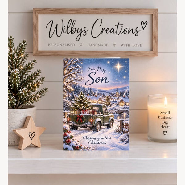 Christmas Card for Son in Heaven – Green Truck in a Snowy Town