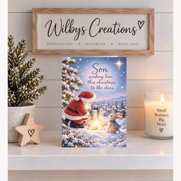 Christmas Card for Son in Heaven – Santa, Bunny and Glowing Star