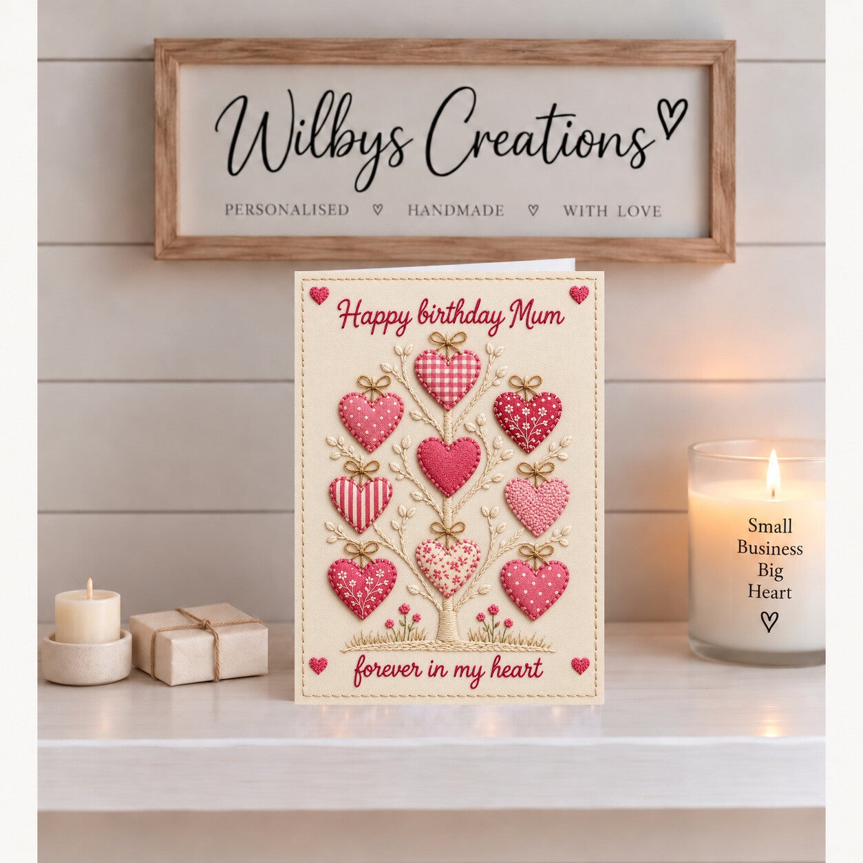Birthday Card for Mum – Patchwork Heart Tree