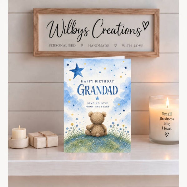 Birthday Card for Grandad from a Grandchild in Heaven – Teddy and Stars