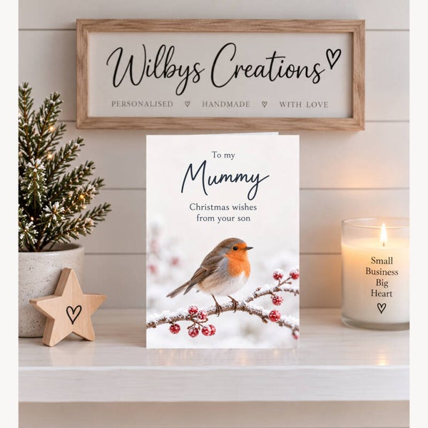 Christmas Card From Son to Mummy in Heaven – Robin on Winter Berries
