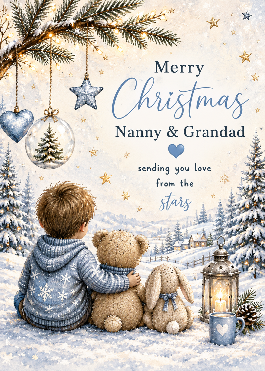 Merry Christmas Nanny & Grandad – Boy, Teddy & Bunny in the Snow Card