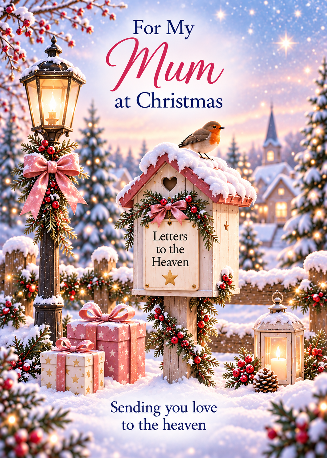 Christmas Card for Mummy in Heaven – Robin, Lantern and Letter to Heaven
