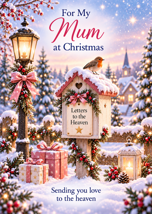 Christmas Card for Mummy in Heaven – Robin, Lantern and Letter to Heaven