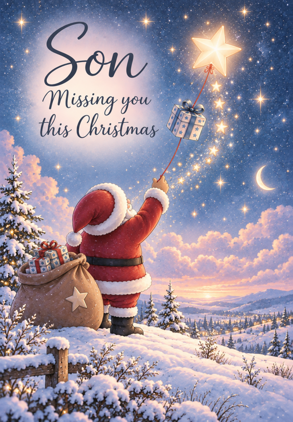 Christmas Card for Son in Heaven – Santa and Teddy Reaching for a Star