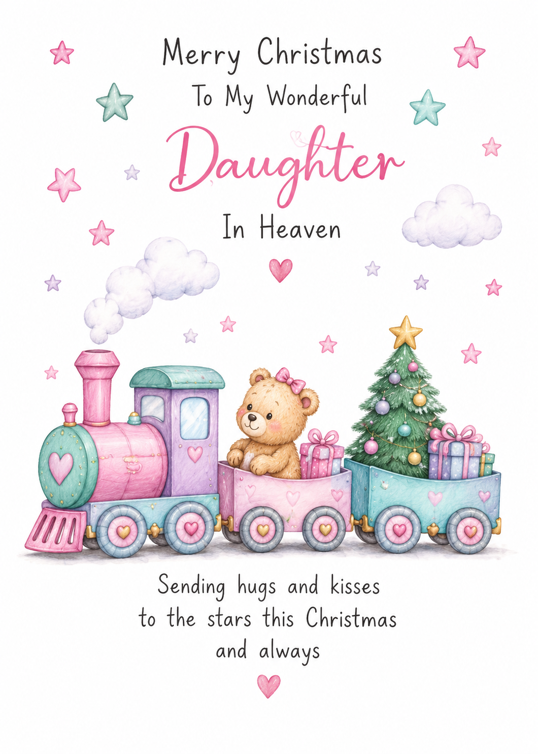 Christmas Card for Daughter in Heaven – Teddy on Pink Christmas Train
