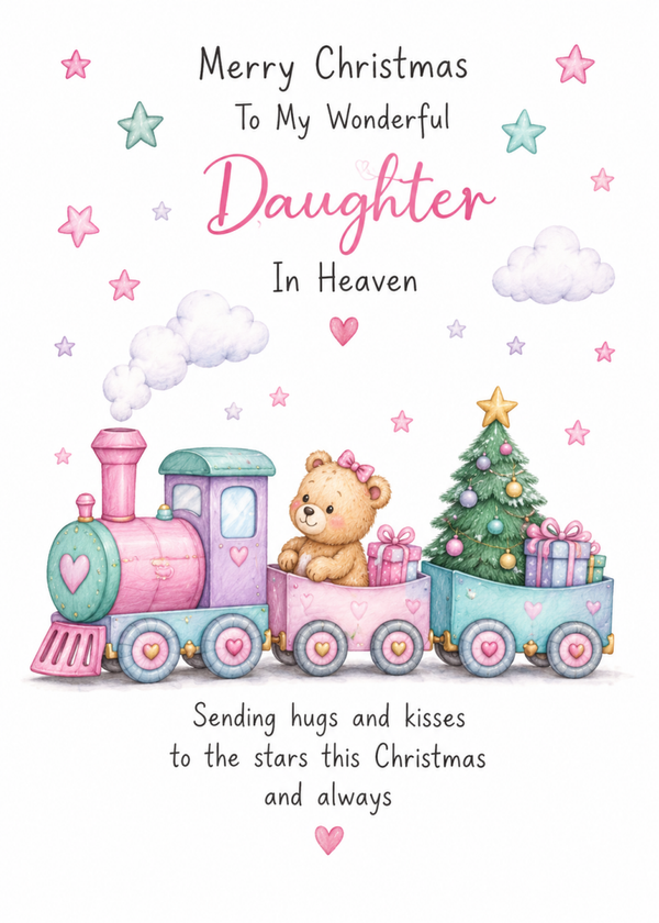 Christmas Card for Daughter in Heaven – Teddy on Pink Christmas Train
