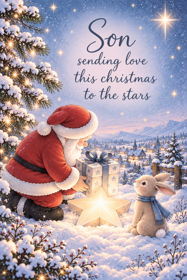 Christmas Card for Son in Heaven – Santa, Teddy and Glowing Star