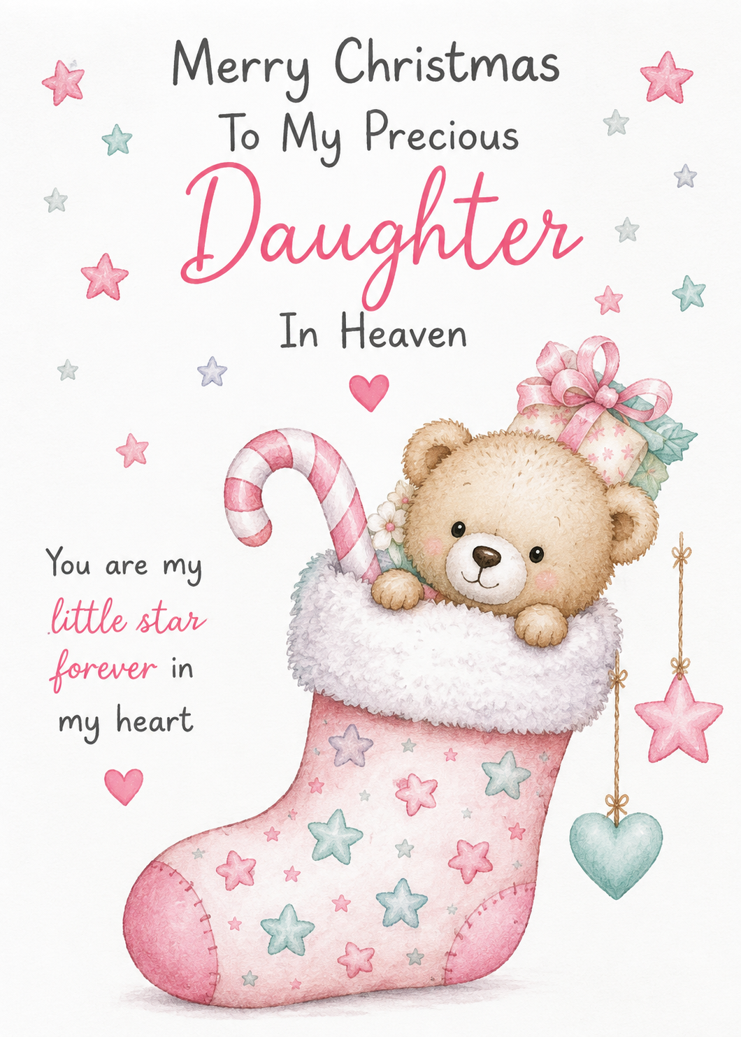 Christmas Card for Daughter in Heaven – Teddy in Stocking