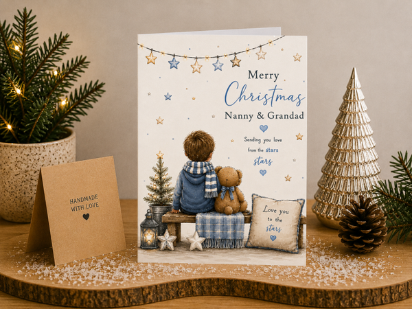 Merry Christmas Nanny & Grandad Card – Boy and Teddy on Winter Bench