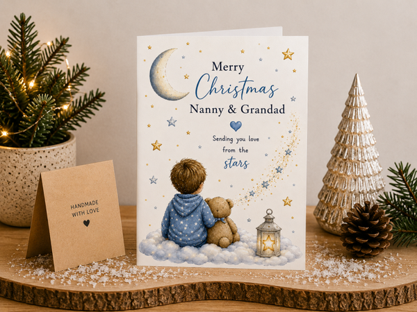 Merry Christmas Nanny & Grandad Card – Boy and Teddy on Clouds