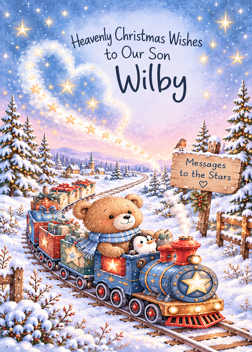 Personalised Son Christmas Card – Heavenly Wishes Train