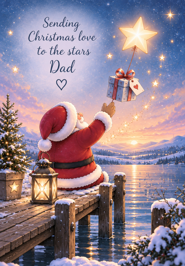 Christmas Card for Dad in Heaven – Santa Sending Christmas Love to the Stars