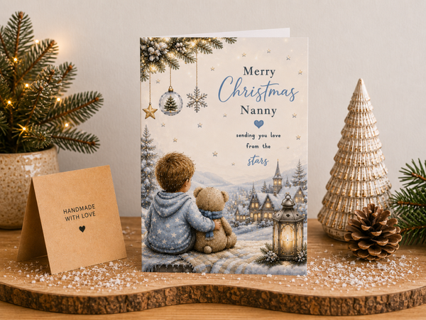 Merry Christmas Nanny Card – Boy and Teddy Overlooking Village