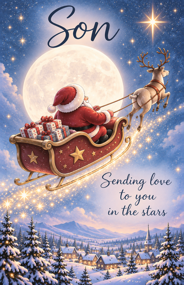 Christmas Card for Son in Heaven – Santa's Sleigh beneath the Moon