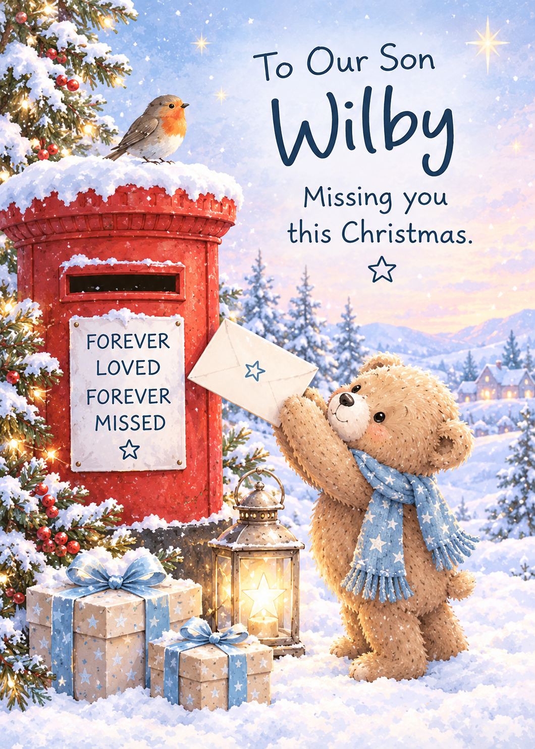 Personalised Son Christmas Card – Teddy by the Postbox