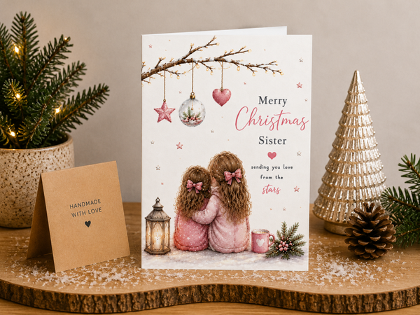 Merry Christmas Sister Card – Sisters beneath Hanging Decorations