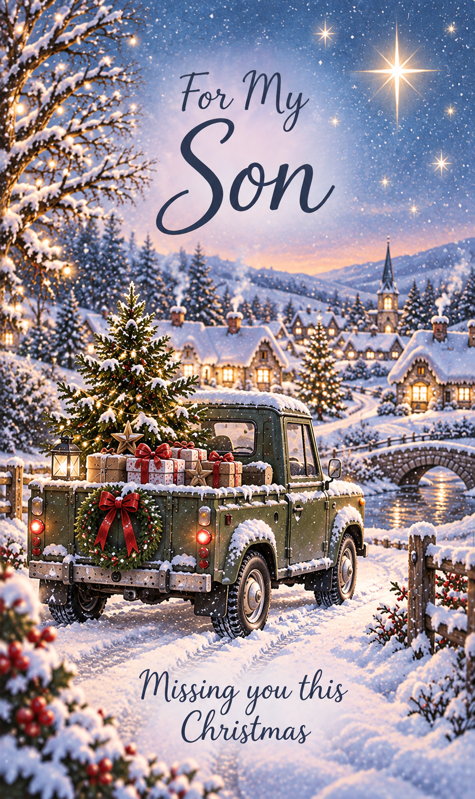 Christmas Card for Son in Heaven – Santa, Teddy and Snowy Town