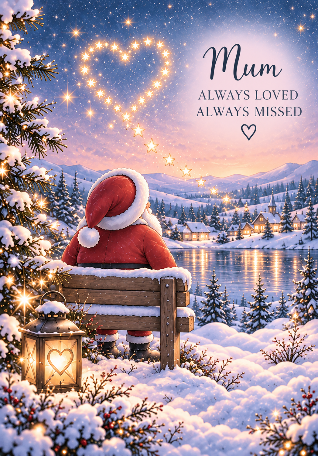Christmas Card for Mummy in Heaven – Santa beneath a Heart of Lights