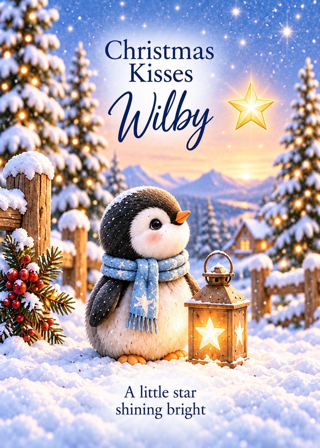 Personalised Christmas Card – Penguin and Lantern