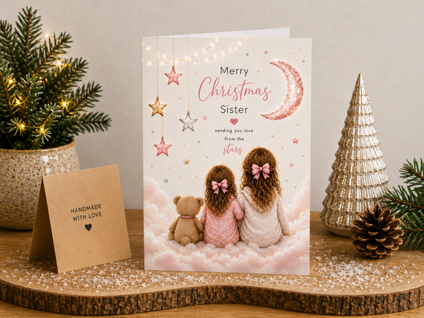 Merry Christmas Sister Card – Sisters beneath a Pink Moon