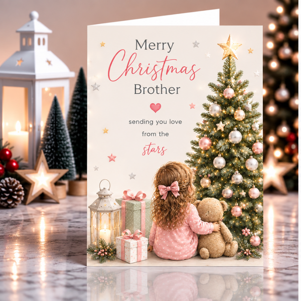 Merry Christmas Brother Card – Girl and Teddy by Christmas Tree