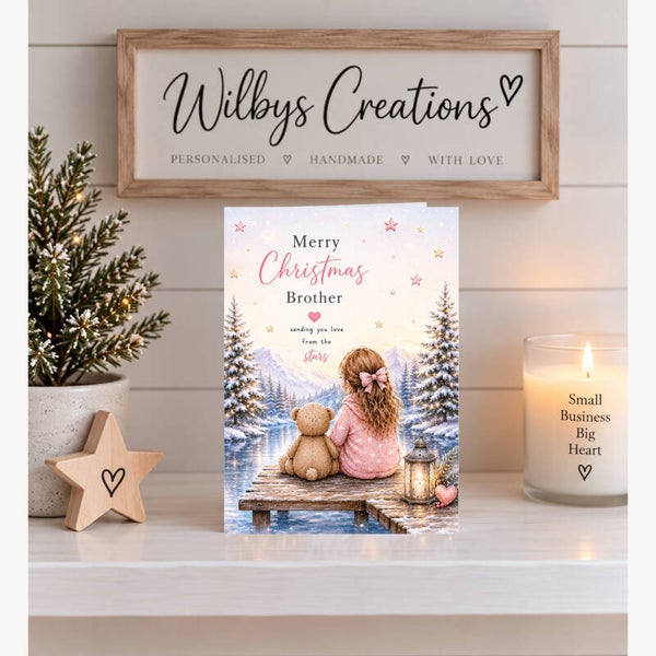 Merry Christmas Brother – Little Girl & Teddy Beside a Winter Lake Card