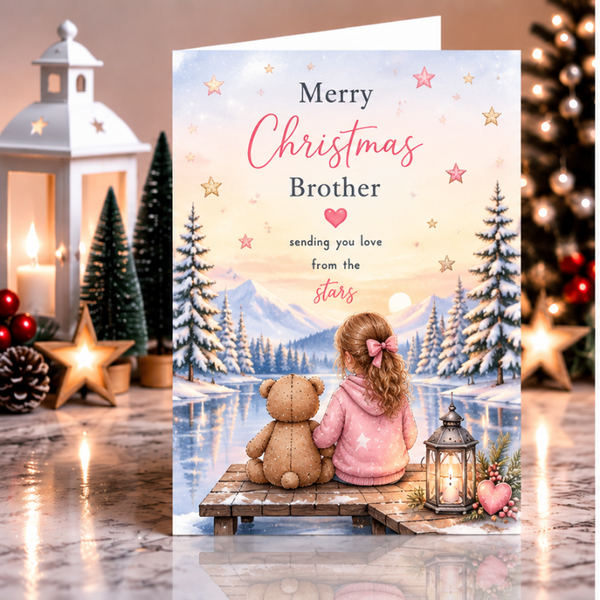 Merry Christmas Brother Card – Girl and Teddy by Winter Lake