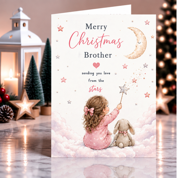 Merry Christmas Brother Card – Girl and Bunny on Pink Clouds