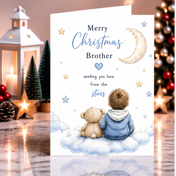 Merry Christmas Brother Card – Boy and Teddy on Blue Clouds