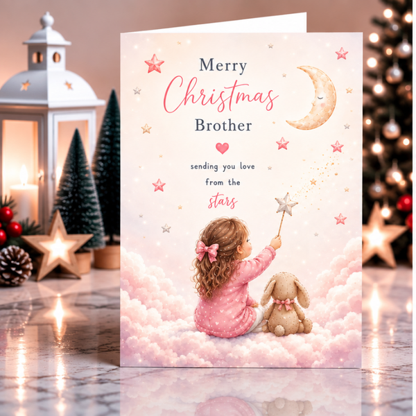Merry Christmas Brother – Little Girl & Bunny with a Star Wand Card
