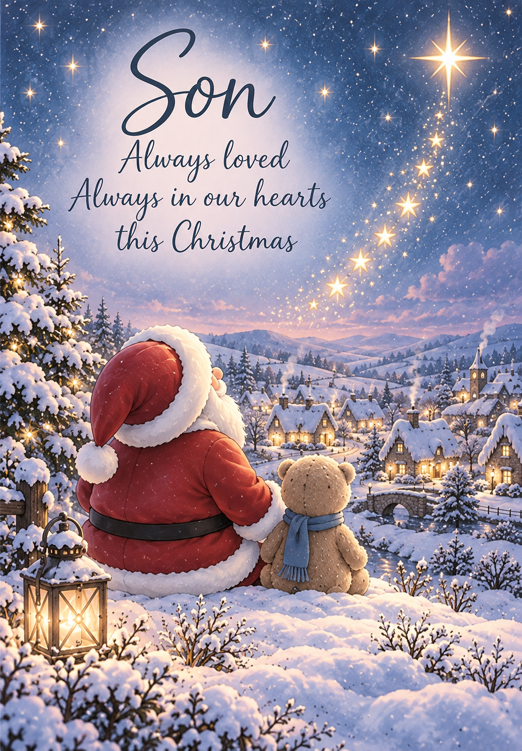 Christmas Card for Son in Heaven – Santa and Teddy beneath the Stars