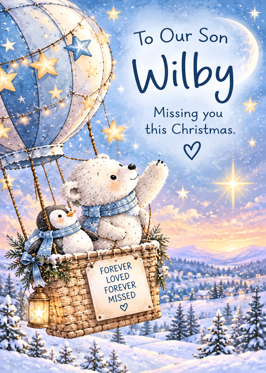 Personalised Son Christmas Card – Teddy Balloon Journey