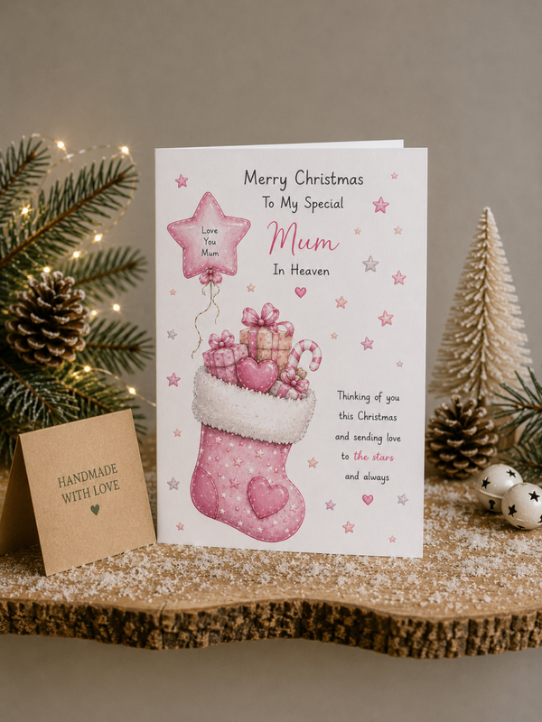 Christmas Card for Mum in Heaven – Pink Stocking & Star Balloon
