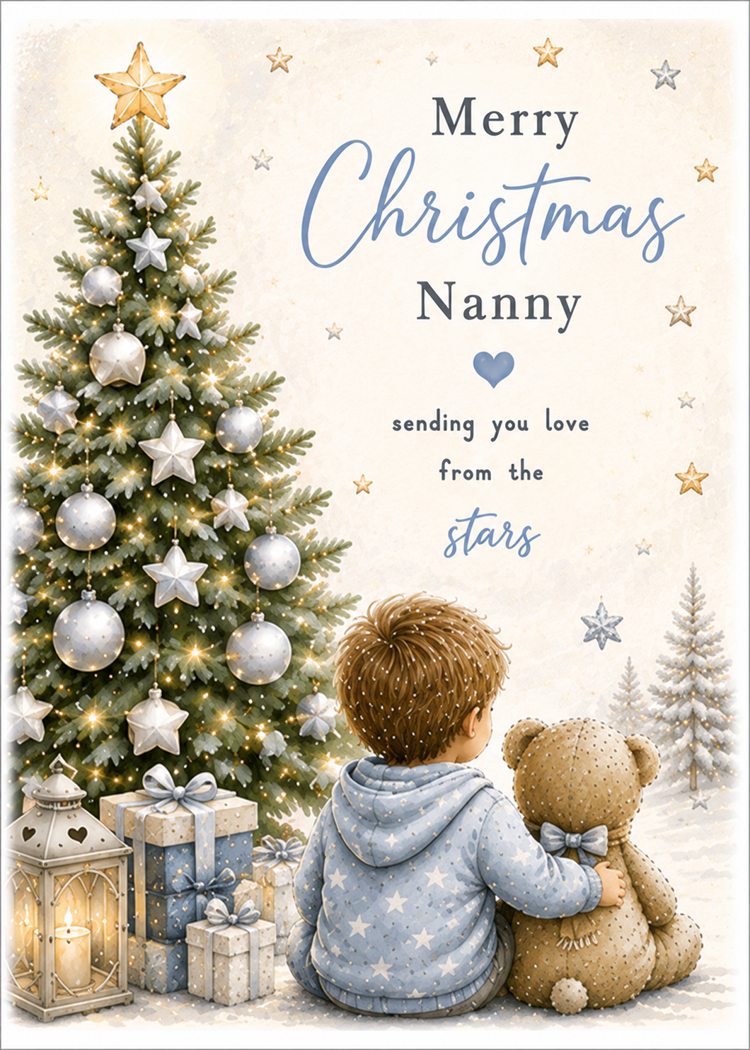 Merry Christmas Nanny – Boy, Teddy & Christmas Tree Card