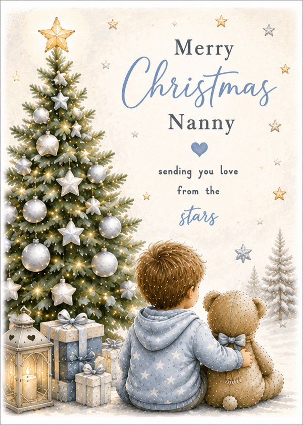 Merry Christmas Nanny – Boy, Teddy & Christmas Tree Card