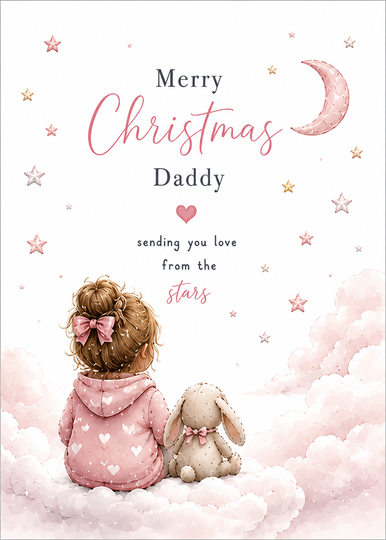 Merry Christmas Daddy – Girl & Bunny on Pink Clouds Card