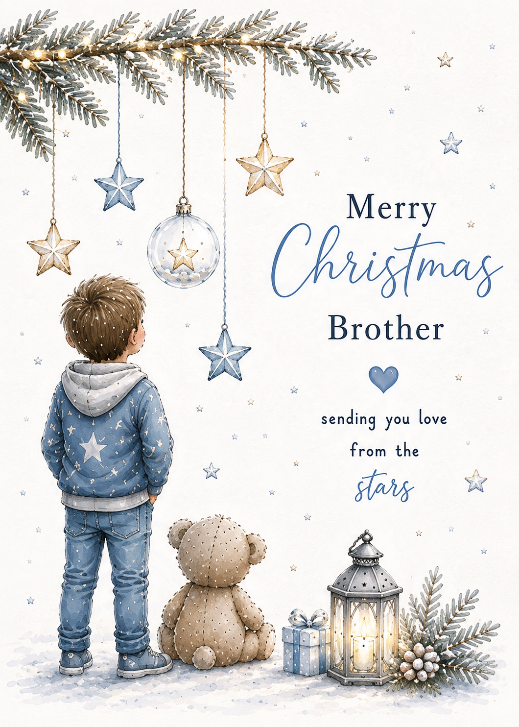 Merry Christmas Brother – Boy & Teddy Beneath Hanging Decorations Card