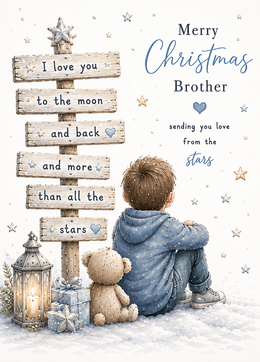 Merry Christmas Brother – Boy, Teddy & Moon-and-Back Sign Card