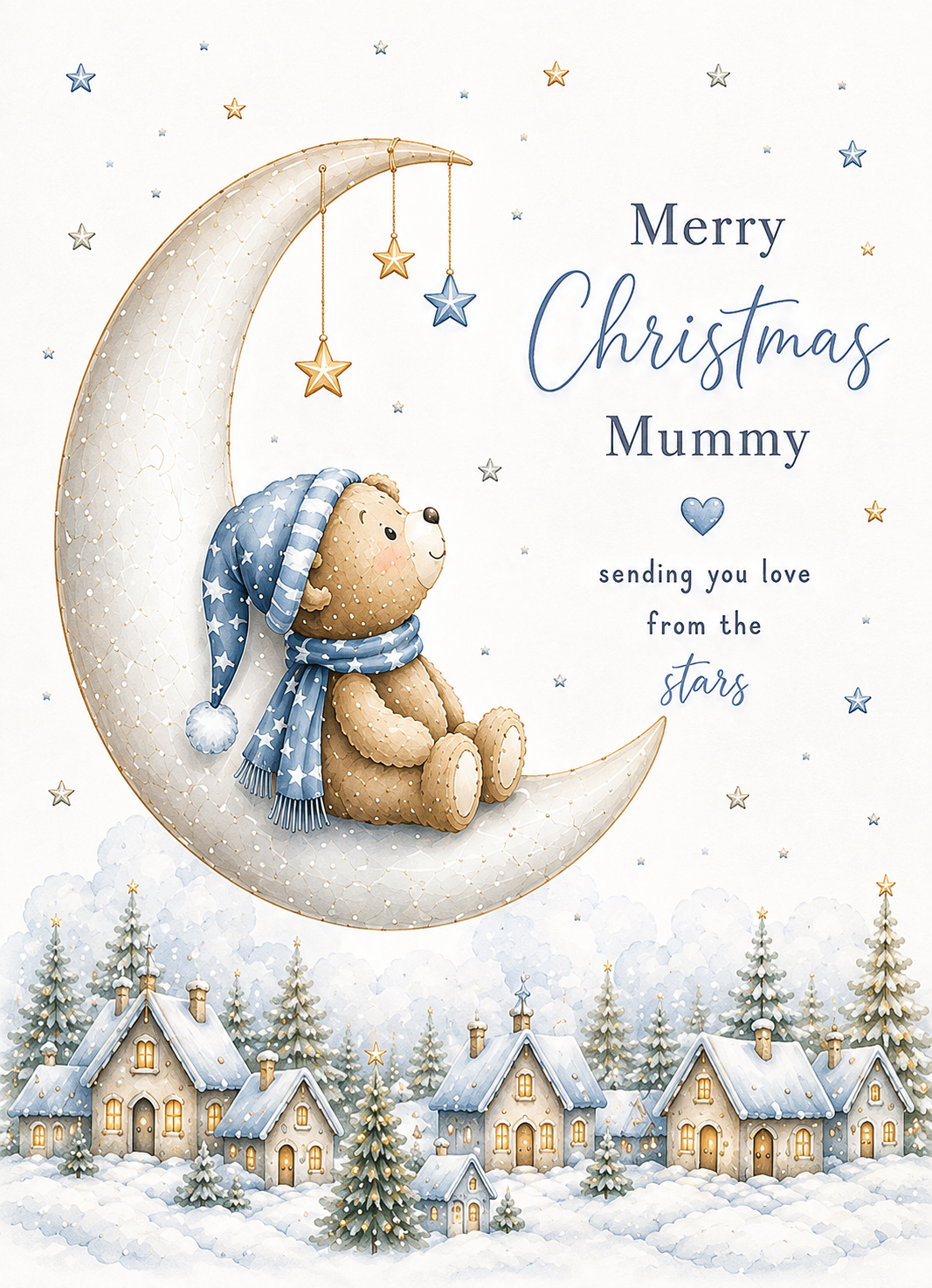 Merry Christmas Mummy Card – Teddy on Moon from the Stars